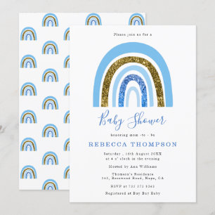 Bebisdusch för guld och Blue Glitter Cute Rainbow Inbjudningar