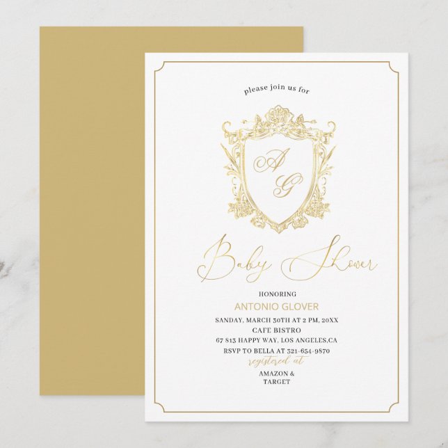 Bebisdusch för gyllene vapensköldar inbjudningar (Fram/baksida)