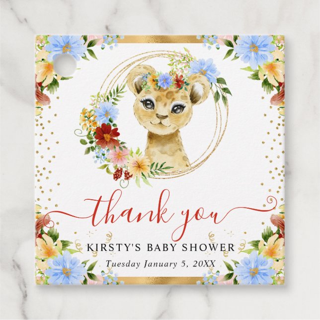 Bebisdusch för Lejon Blommigt för vattenfärgning a Gåvor Etiketter (Framsida)