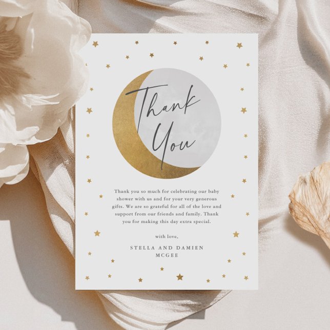 Bebisdusch för måne och stjärnor tack kort (Elegant Gold Moon and Stars Script Gender Neutral Baby Shower Thank You Card.)
