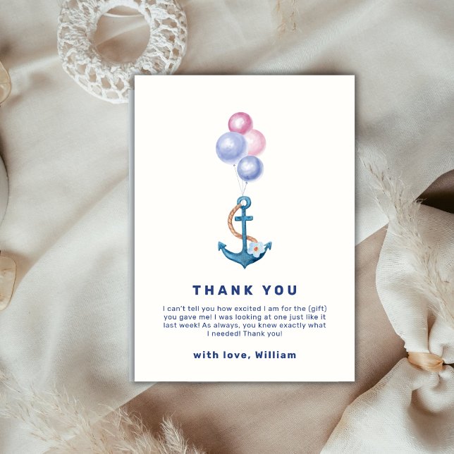Bebisdusch för minsta lilla nautisk anchor-bubbla tack kort (Cute Minimal Nautical Anchor Balloon Baby Shower Thank You Card)