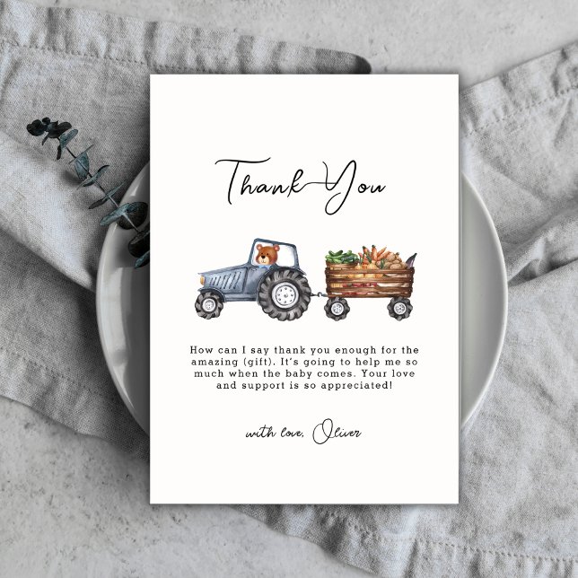Bebisdusch för Nalle av vattenfärgsgrupp för trakt Tack Kort (Watercolor Farm Tractor Teddy Bear Baby Shower Thank You Card)