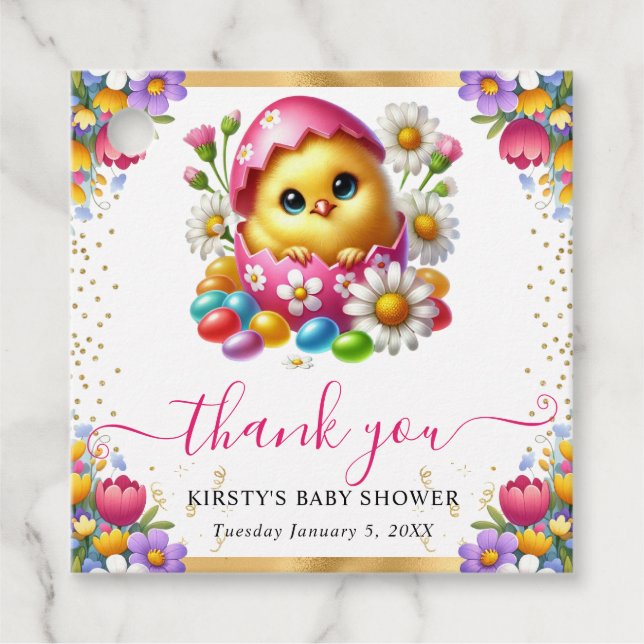 Bebisdusch för Påsk Chick Vår blommor  Gåvor Etiketter (Framsida)