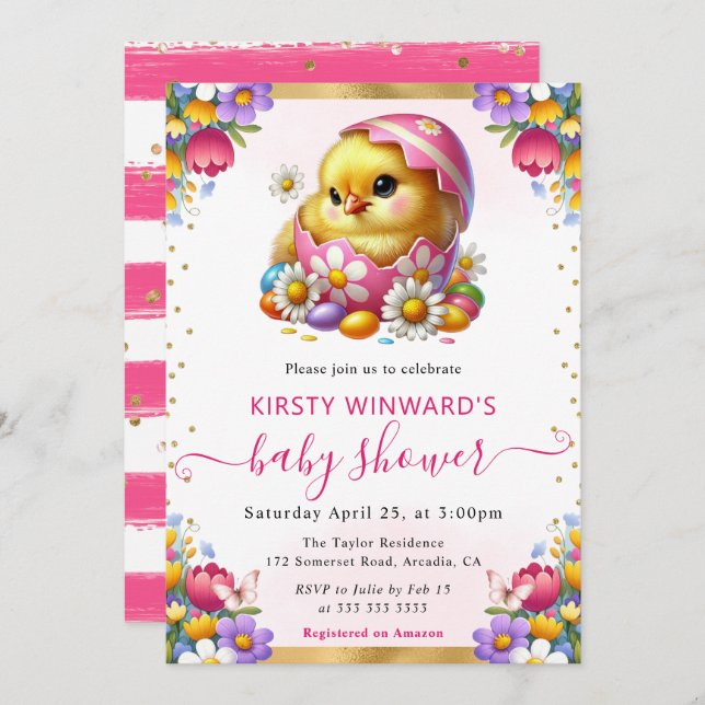 Bebisdusch för Påsk Chick Vår blommor  Inbjudningar (Fram/baksida)