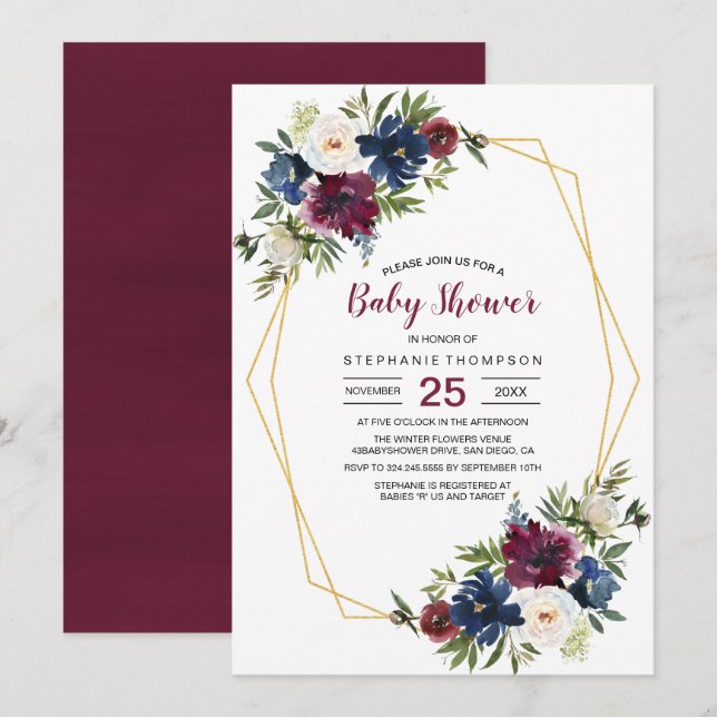 Bebisdusch för Ram Burgundy Navy Flowers Geometric Inbjudningar (Fram/baksida)