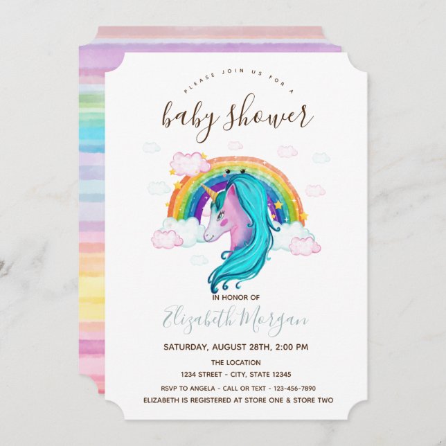 Bebisdusch för Rand med vattenfärg Unicorn Rainbow Inbjudningar (Fram/baksida)