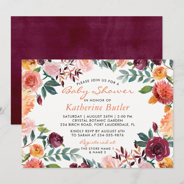 Bebisdusch för Rosa av  av vattenfärg Burgundy-Ora Inbjudningar (Fram/baksida)