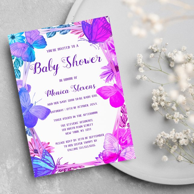 Bebisdusch för Rosa Lila Blommigt Butterfly Baby S Inbjudningar (Teal Pink Purple Floral Butterfly Baby Shower Invitation)