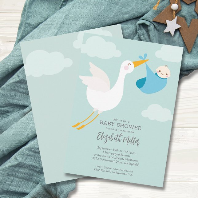 Bebisdusch för spädbarn i Cute Blue Bundle Storage Inbjudningar (Cute Blue Bundle Stork Boy Baby Shower Invitations, PRINTED and/or INSTANT DOWNLOAD)