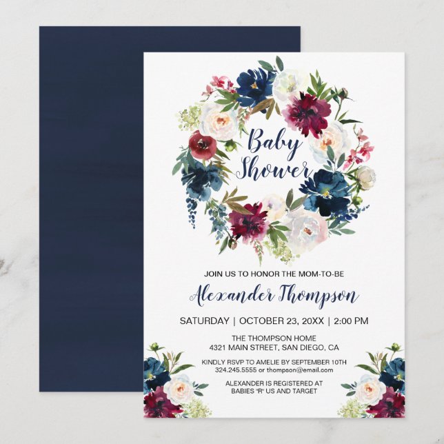 Bebisdusch för vattenfärg Burgundy Navy Flowers Inbjudningar (Fram/baksida)