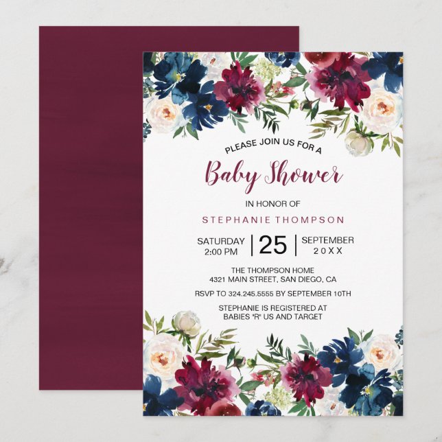 Bebisdusch för vattenfärg Burgundy Navy Flowers Inbjudningar (Fram/baksida)