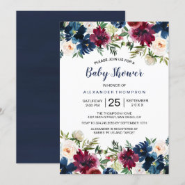 Bebisdusch för vattenfärg Burgundy Navy Flowers Inbjudningar