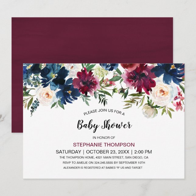 Bebisdusch för vattenfärg Burgundy Navy Flowers Inbjudningar (Fram/baksida)