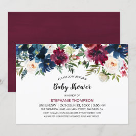 Bebisdusch för vattenfärg Burgundy Navy Flowers Inbjudningar