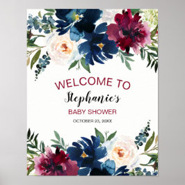 Bebisdusch för vattenfärg Burgundy Navy Flowers Poster
