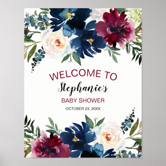 Bebisdusch för vattenfärg Burgundy Navy Flowers Poster (Framsidan)