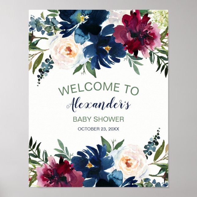 Bebisdusch för vattenfärg Burgundy Navy Flowers Poster (Framsidan)