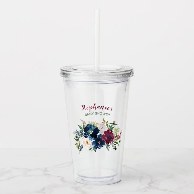 Bebisdusch för vattenfärg Burgundy Navy Flowers Take Away Mugg (Framsida)
