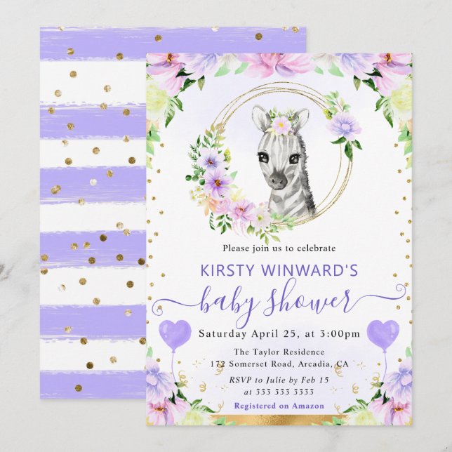 Bebisdusch för vattenfärg Cute Jungle Zebra Inbjudningar (Fram/baksida)