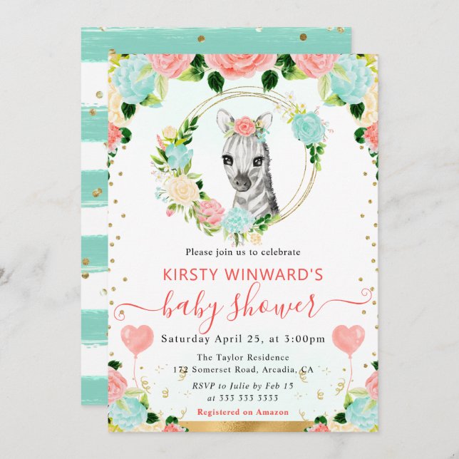 Bebisdusch för vattenfärg Cute Jungle Zebra Inbjudningar (Fram/baksida)