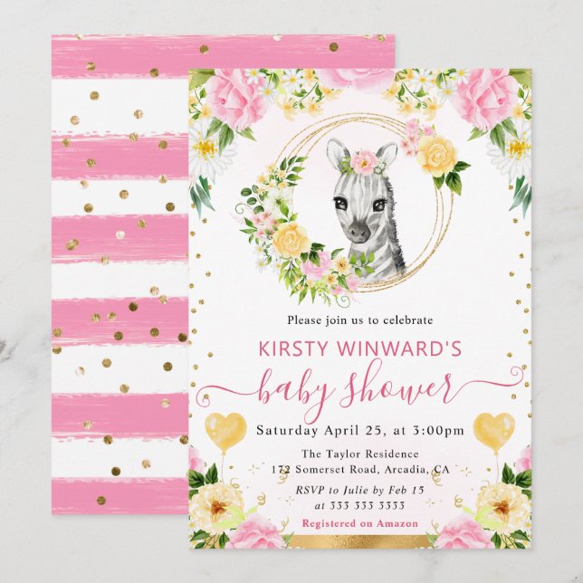 Bebisdusch för vattenfärg Cute Jungle Zebra Inbjudningar (Fram/baksida)