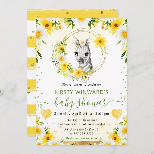 Bebisdusch för vattenfärg Cute Jungle Zebra Inbjudningar (Fram/baksida)