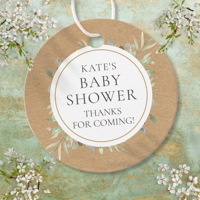 Bebisdusch för vattenfärg Greenery Rustic Kraft Gåvor Etiketter (Watercolor Greenery Rustic Kraft Baby Shower Favor Tags)