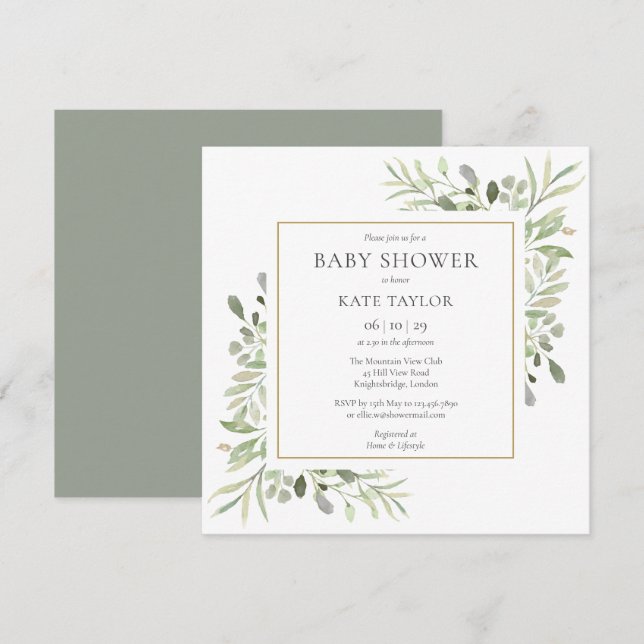Bebisdusch för vattenfärg Guld Greenery Baby Showe Inbjudningar (Fram/baksida)