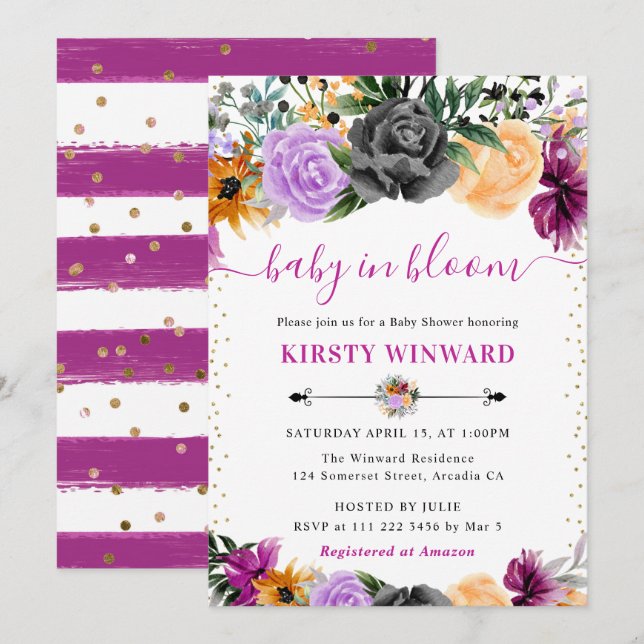 Bebisdusch för vattenfärg Halloween-blommor Inbjudningar (Fram/baksida)