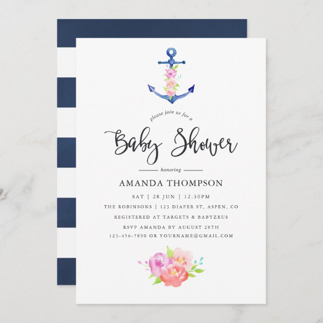 Bebisdusch för vattenfärg Nautical Thned Blommigt Inbjudningar (Fram/baksida)