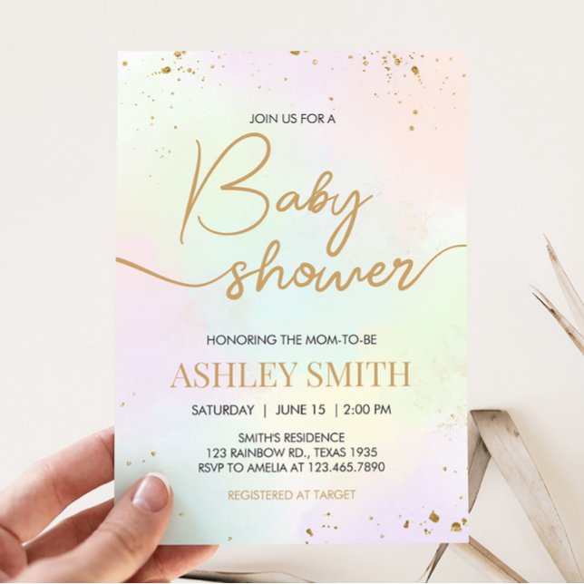 Bebisdusch för vattenfärg Regnbåge Inbjudningar (Pastel Gold Sprinkle Baby Shower Invitation)