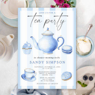 Bebisdusch för vattenfärgen Blue Tea Party Baby Inbjudningar