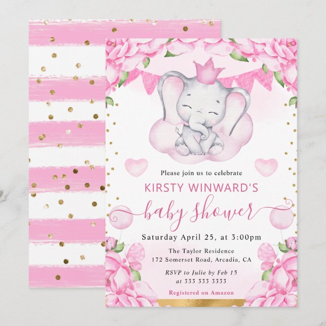 Bebisdusch för vattenfärgen Cute Elephant & Rosa r Inbjudningar (Fram/baksida)