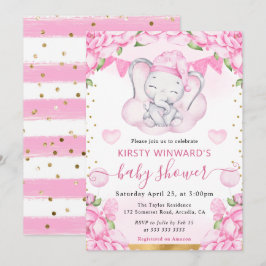 Bebisdusch för vattenfärgen Cute Elephant & Rosa r Inbjudningar