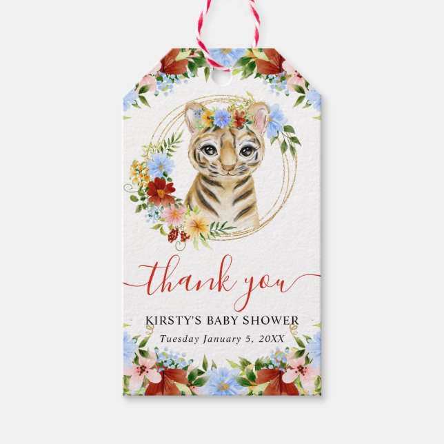 Bebisdusch för vattenfärgen Cute Jungle Tiger Blom Presentetikett (Framsidan)