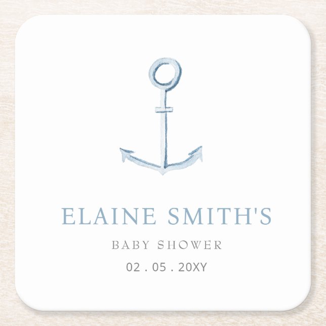 Bebisdusch för vattenfärgsankare Nautical Blue Bea Underlägg Papper Kvadrat (Framsidan)