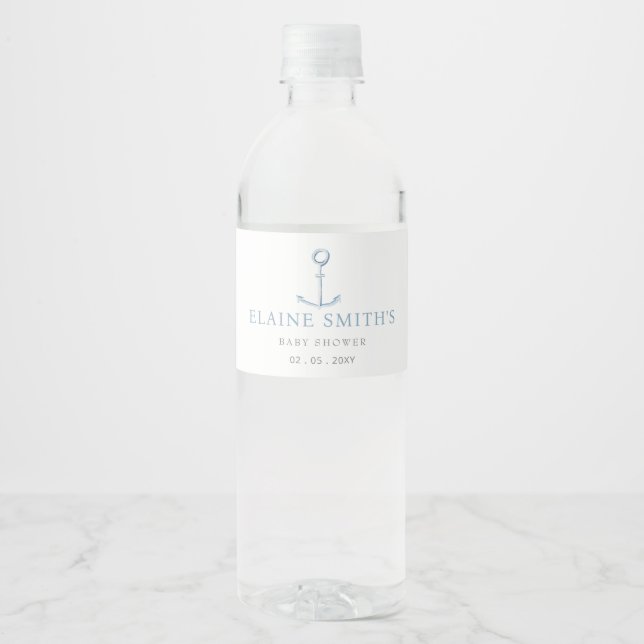 Bebisdusch för vattenfärgsankare Nautical Blue Bea Vattenflaskor Etikett (Framsida)