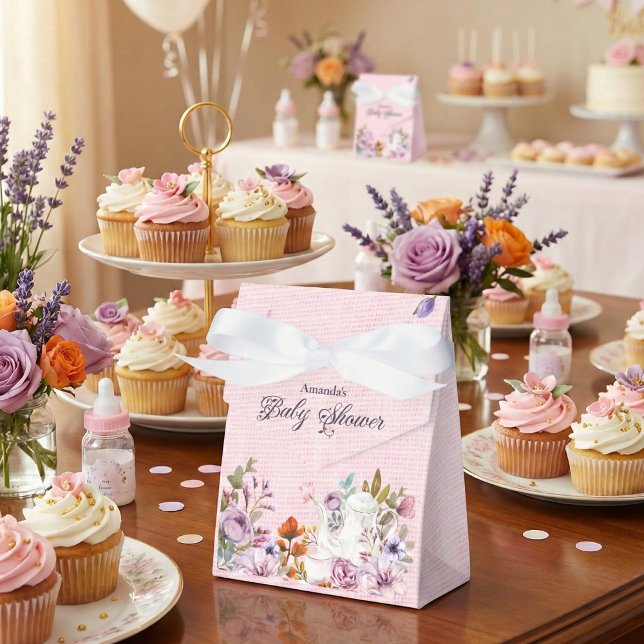 Bebisdusch för vattenfärgsblommor Tea Party Theme  Presentaskar (Blush Floral Tea Party Baby Shower Favor Box)