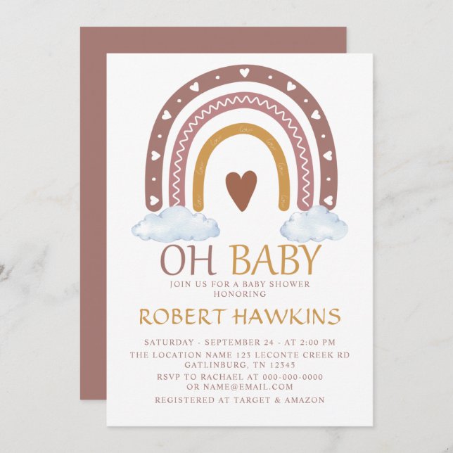 Bebisdusch för vattenfärgsregnbåge inbjudningar (Fram/baksida)