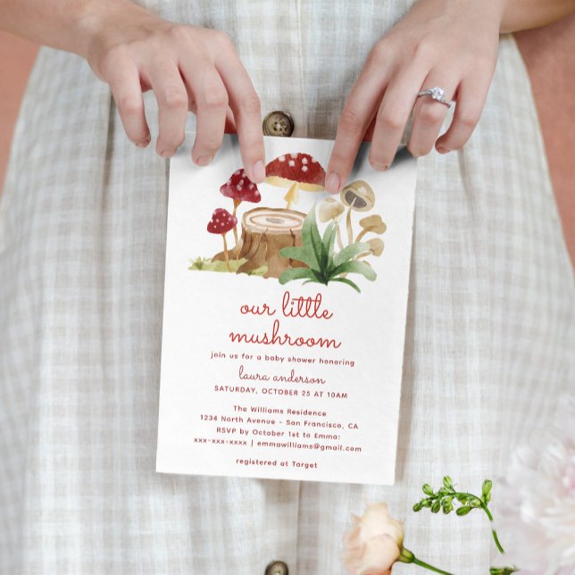 Bebisdusch för vattenfärgsskog Picnic Mushroom Inbjudningar (our little mushroom baby shower invitation with vichy background dress)