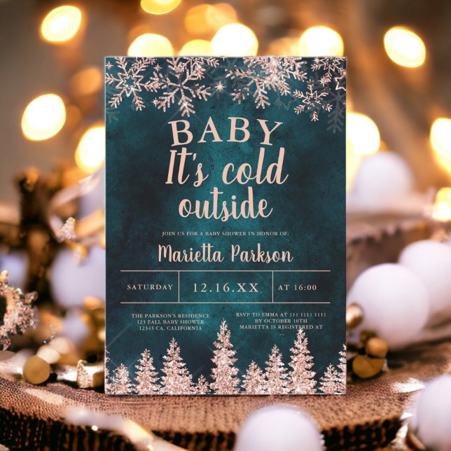 Bebisdusch för Vinter-ro-babyduschen snö gräs Inbjudningar (Winter rose gold snow pine baby shower invitation)