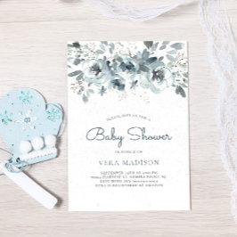 Bebisdusch för Watercolor Blommigt Snö Winter Baby Inbjudningar