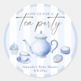 Bebisdusch för Watercolor Blue Tea Party Runt Klistermärke