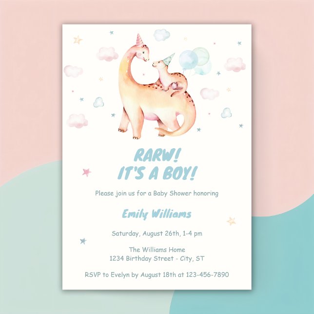 Bebisdusch för Watercolor Cute Boy Dinosaur Rawr Inbjudningar (Skapare uppladdad)
