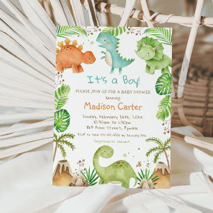 Bebisdusch för Watercolor Cute Dinosaur Greenery B Inbjudningar
