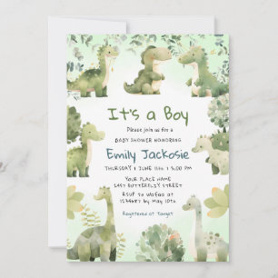 Bebisdusch för Watercolor Cute Dinosaur Greenery B Inbjudningar
