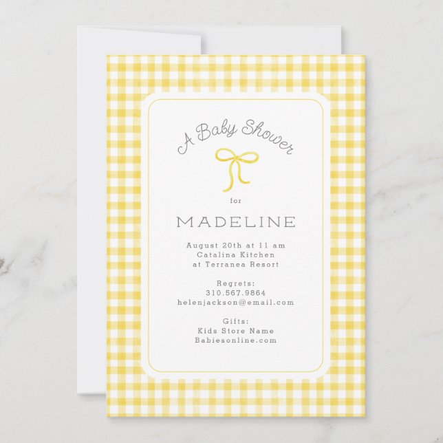 Bebisdusch för Watercolor Gingham Gult Baby Shower Inbjudningar (Framsida)