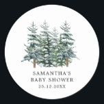 Bebisdusch för Watercolor Julgran Winter Baby Show Runt Klistermärke<br><div class="desc">Inbjudan till Watercolor Julgran Winter Baby Shower</div>