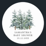 Bebisdusch för Watercolor Julgran Winter Baby Show Runt Klistermärke<br><div class="desc">Inbjudan till Watercolor Julgran Winter Baby Shower</div>
