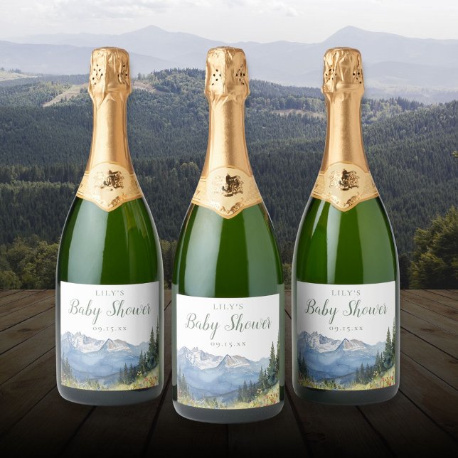 Bebisdusch för Watercolor Mountain Wildblomma (Watercolor Mountain Wildflower Baby Shower Sparkling Wine Label)